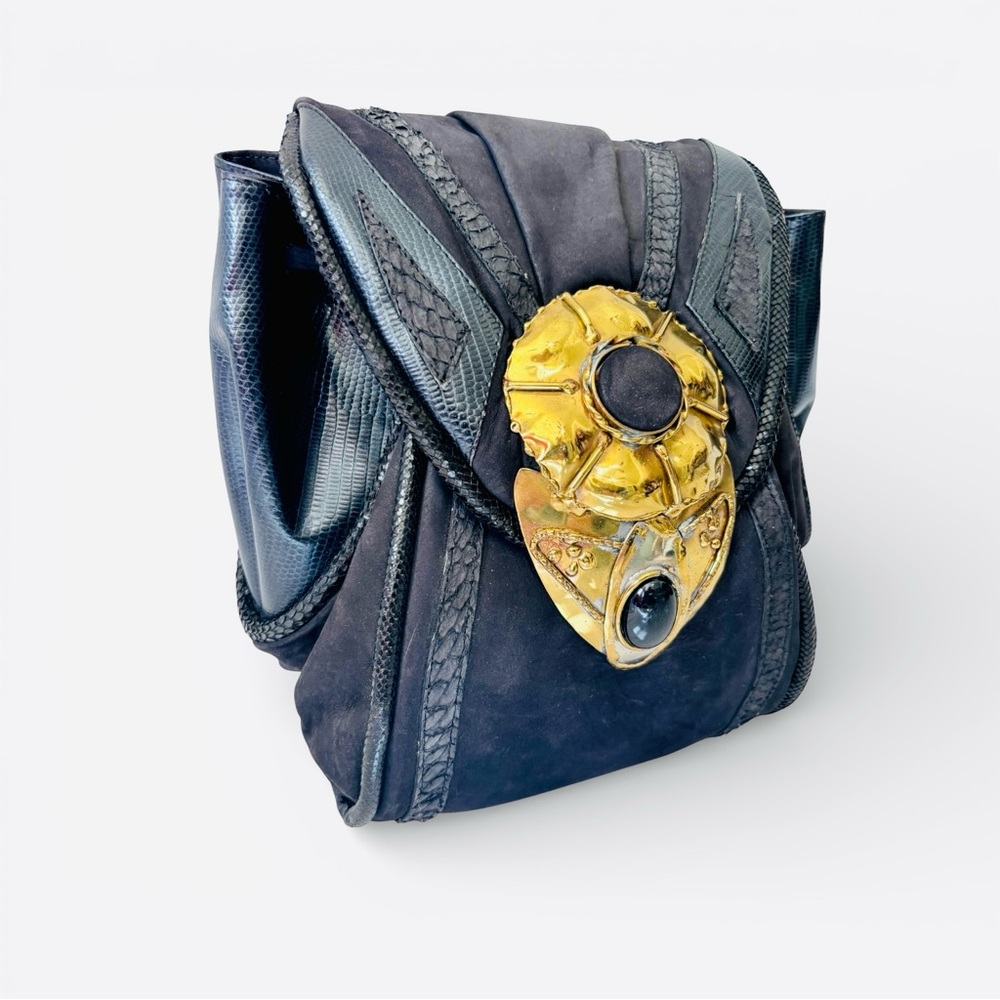 Vintage 80’s OOAK Brutalist Black‎ Snakeskin Leather Crossbody Bag - Picture 3 of 11